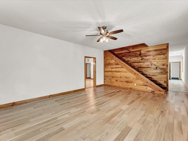 107 Straight Creek Dock Rd, New Tazewell, TN 37825 - unfurnished living room with light wood-style floors, ceiling fan, baseboards, and wood walls