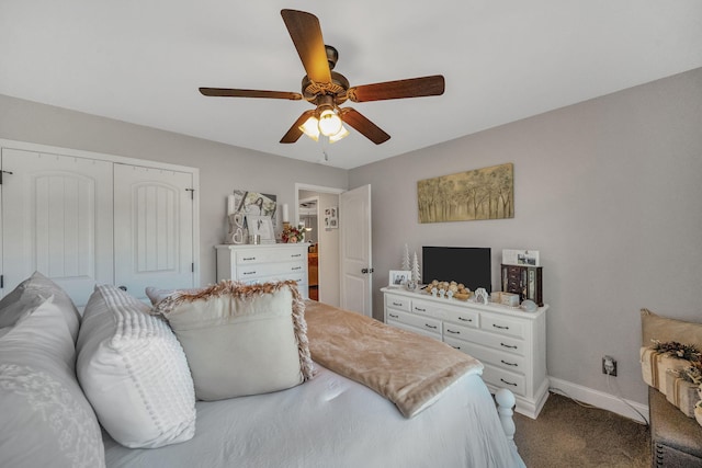 carpeted bedroom featuring ceiling fan and a closet