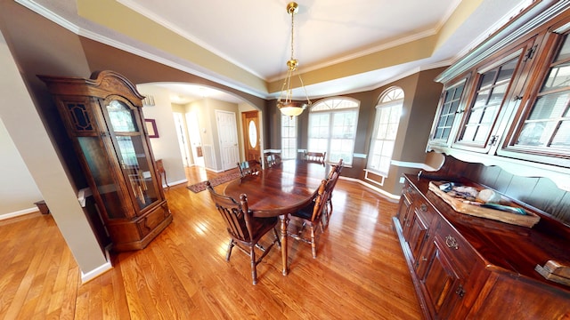 4119 Azalea Ct, Morristown, TN 37814 - dining room featuring arched walkways, baseboards, light wood-style floors, crown molding, and a raised ceiling