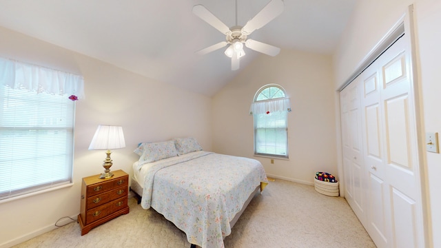 4119 Azalea Ct, Morristown, TN 37814 - bedroom with light carpet, a closet, baseboards, lofted ceiling, and ceiling fan