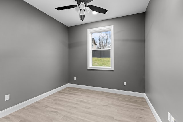 empty room with ceiling fan and light hardwood / wood-style floors