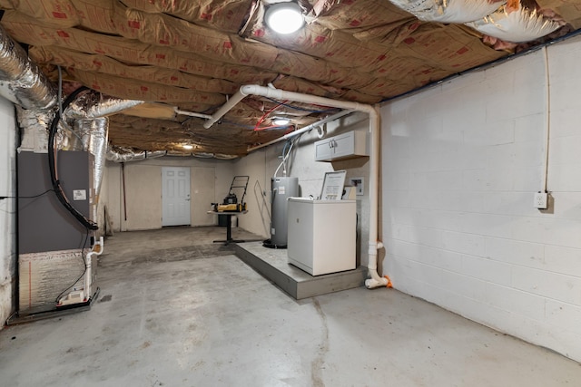 329 Shady Glen Ln, Rutledge, TN 37861 - unfinished basement with water heater, washer / dryer, heating unit, and concrete block wall