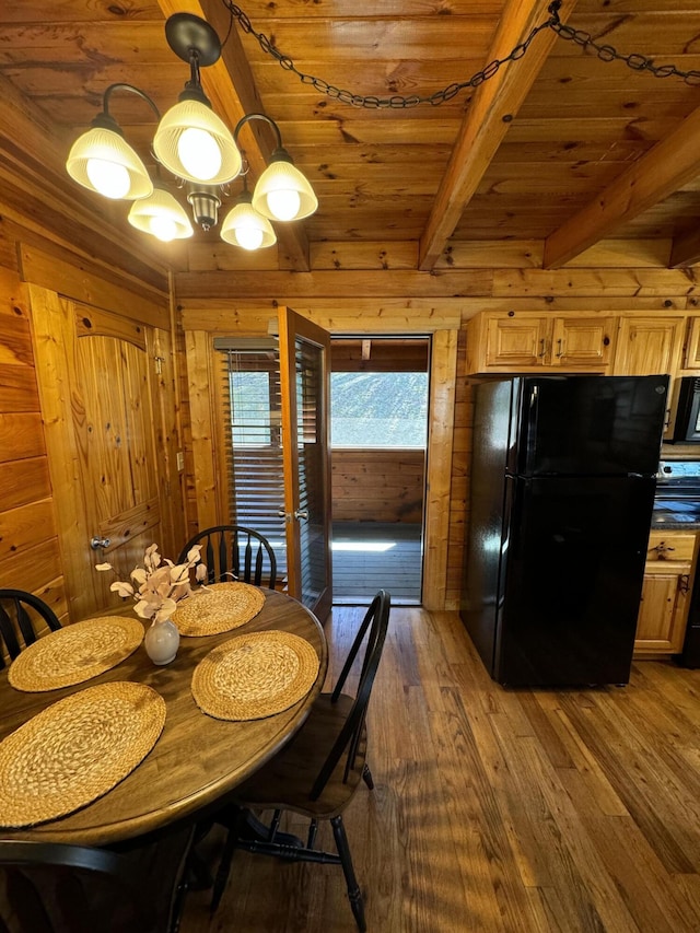 dining space with an inviting chandelier, wood ceiling, wooden walls, and wood finished floors