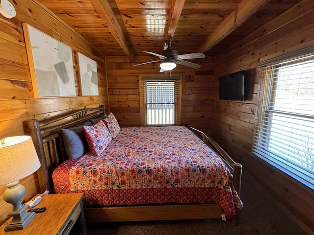 bedroom featuring wood walls, wooden ceiling, and beam ceiling