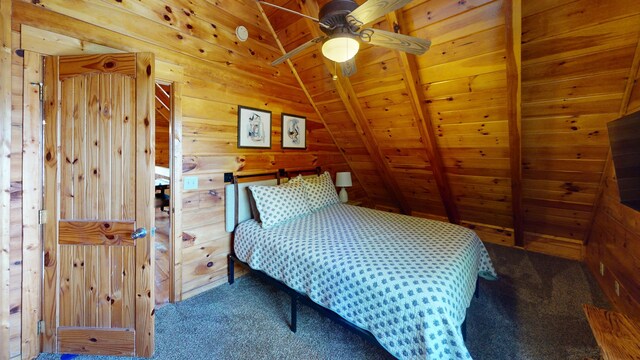 bedroom featuring wooden ceiling, carpet floors, lofted ceiling with beams, and wood walls