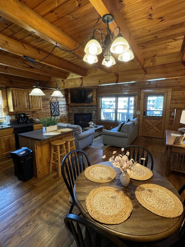 dining room featuring wooden ceiling, dark wood-style flooring, wood walls, a fireplace, and beam ceiling