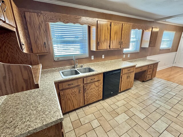 kitchen featuring a healthy amount of sunlight, sink, ornamental molding, and black dishwasher