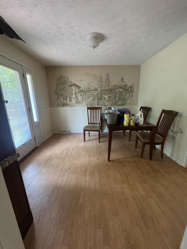 living area with wood finished floors, a textured ceiling, and wainscoting