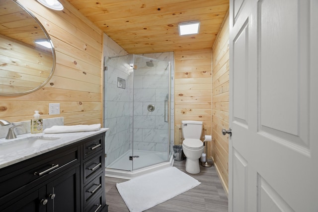 4705 E Hampton Blvd, Morristown, TN 37813 - bathroom featuring wooden ceiling, wooden walls, vanity, toilet, and a shower stall
