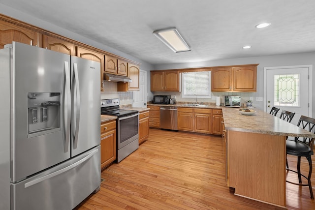 4705 E Hampton Blvd, Morristown, TN 37813 - kitchen featuring stainless steel appliances, a sink, a breakfast bar, a peninsula, and under cabinet range hood