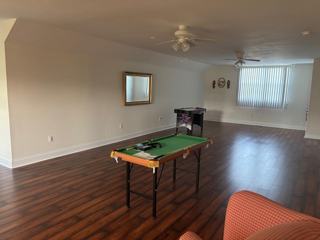 game room with dark wood finished floors, ceiling fan, baseboards, and pool table