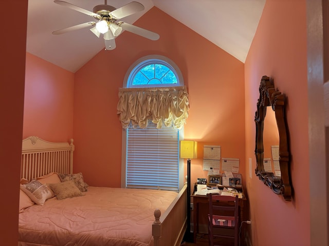 bedroom featuring lofted ceiling and a ceiling fan