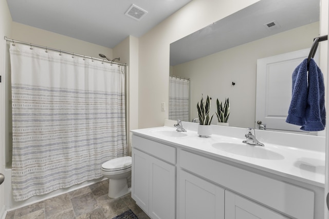 5021 Cottonseed Way, Morristown, TN 37813 - bathroom with double vanity, stone finish floors, and a shower with shower curtain