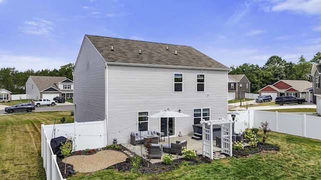 5021 Cottonseed Way, Morristown, TN 37813 - back of property with an outdoor living space, roof with shingles, a fenced backyard, and a patio