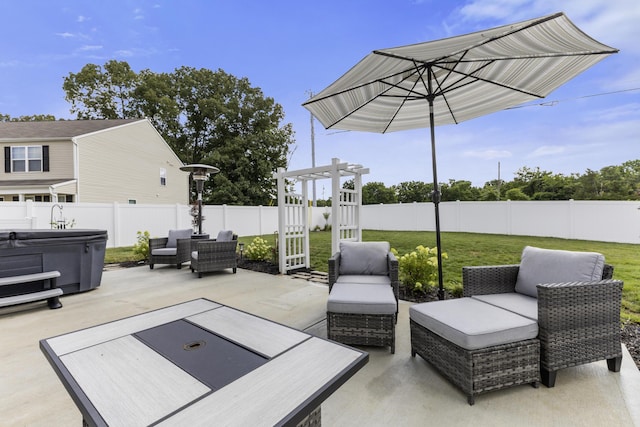 5021 Cottonseed Way, Morristown, TN 37813 - fenced backyard featuring a patio area, a hot tub, and an outdoor hangout area