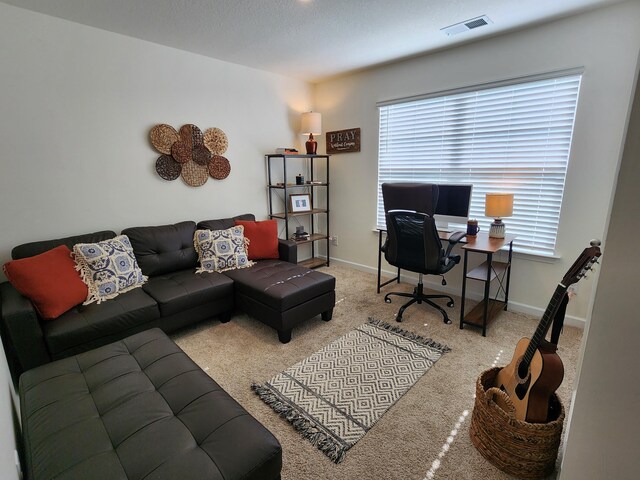 living area with carpet floors, baseboards, and visible vents