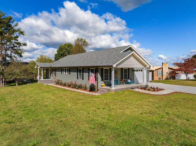 ranch-style house with a front lawn, a porch, and a garage