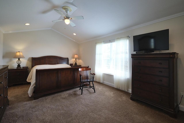 carpeted bedroom with vaulted ceiling, ceiling fan, and crown molding