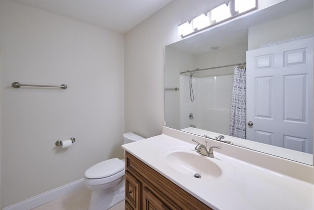 bathroom with tile patterned flooring, vanity, curtained shower, and toilet