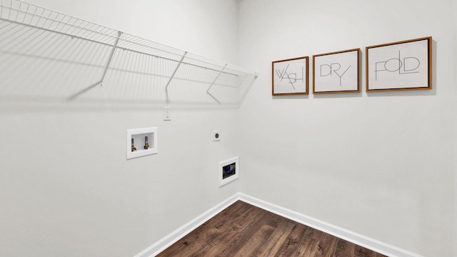 laundry room with baseboards, dark wood finished floors, hookup for a washing machine, and hookup for an electric dryer