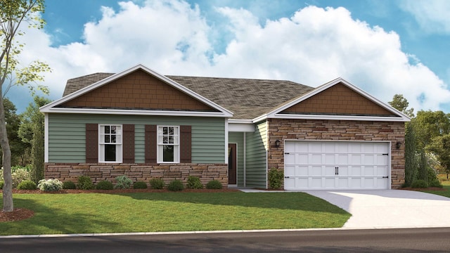 craftsman house with stone siding, an attached garage, concrete driveway, and a front lawn