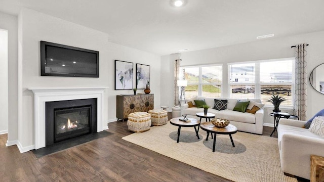 living room featuring wood finished floors, baseboards, and a fireplace with flush hearth