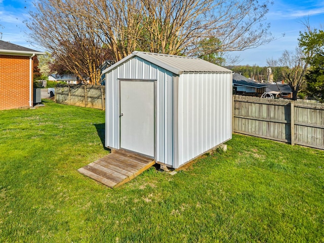 view of shed with a fenced backyard