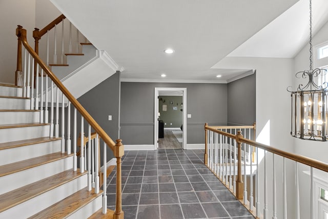 45 Link Hills Cir, Greeneville, TN 37743 - stairs with recessed lighting, ornamental molding, a chandelier, and baseboards