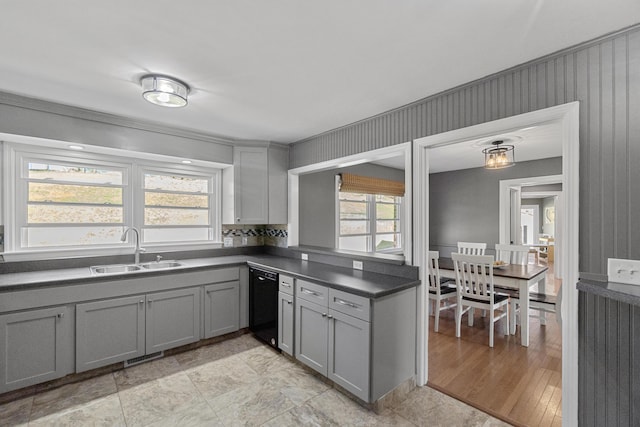 45 Link Hills Cir, Greeneville, TN 37743 - kitchen featuring gray cabinetry, black dishwasher, a sink, and dark countertops