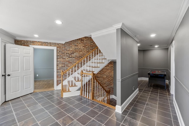 45 Link Hills Cir, Greeneville, TN 37743 - stairs with brick wall, crown molding, baseboards, tile patterned flooring, and recessed lighting