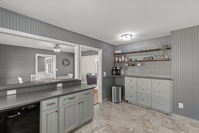45 Link Hills Cir, Greeneville, TN 37743 - kitchen with black dishwasher, open shelves, and dark countertops