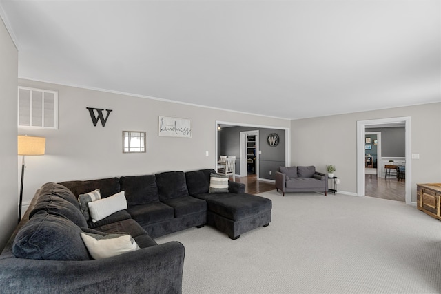 45 Link Hills Cir, Greeneville, TN 37743 - living area with light colored carpet, baseboards, and ornamental molding