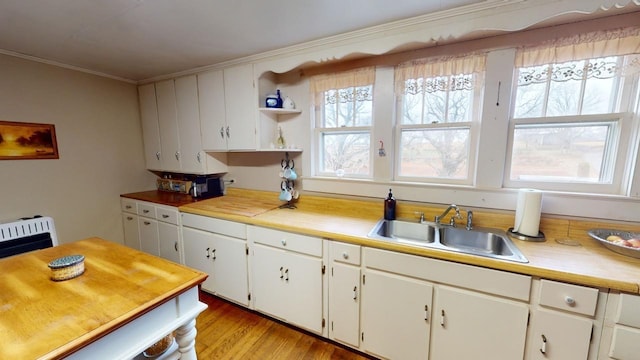 kitchen featuring white cabinetry, sink, a wealth of natural light, and ornamental molding