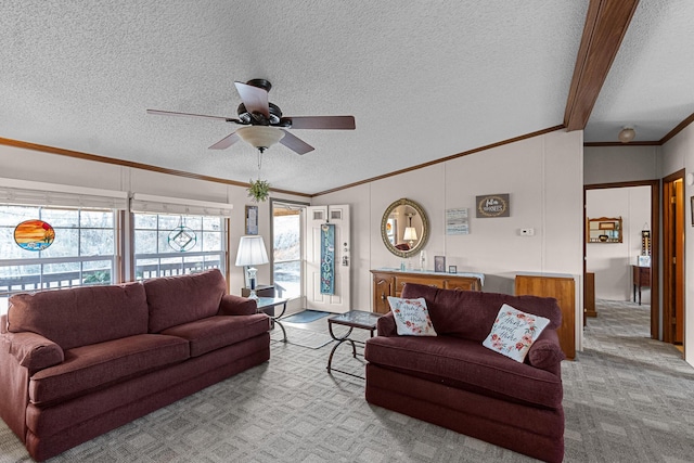 1554 Old Parrotsville Hwy, Parrottsville, TN 37843 - carpeted living room with a textured ceiling, lofted ceiling, crown molding, and a ceiling fan