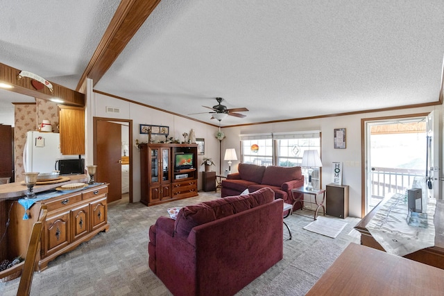 1554 Old Parrotsville Hwy, Parrottsville, TN 37843 - living area featuring a textured ceiling, ornamental molding, ceiling fan, and light colored carpet