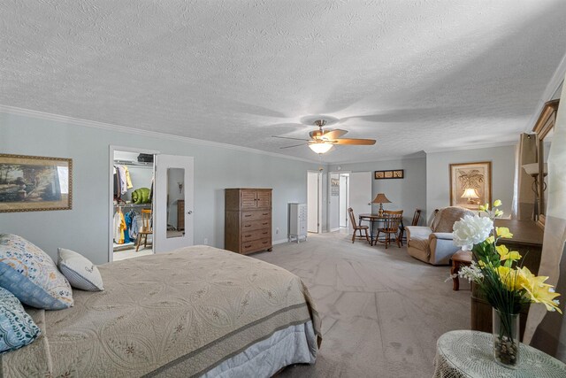 1554 Old Parrotsville Hwy, Parrottsville, TN 37843 - carpeted bedroom with a walk in closet, a textured ceiling, a ceiling fan, ornamental molding, and a closet