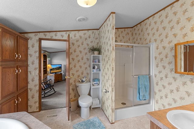 1554 Old Parrotsville Hwy, Parrottsville, TN 37843 - full bathroom featuring crown molding, a textured ceiling, a stall shower, toilet, and vanity