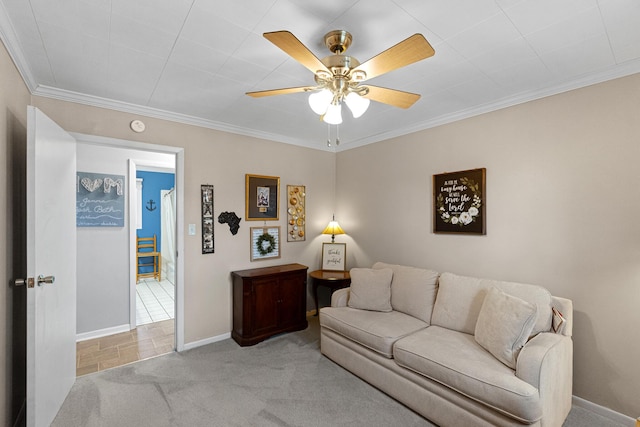 1554 Old Parrotsville Hwy, Parrottsville, TN 37843 - carpeted living room featuring baseboards, a ceiling fan, and ornamental molding