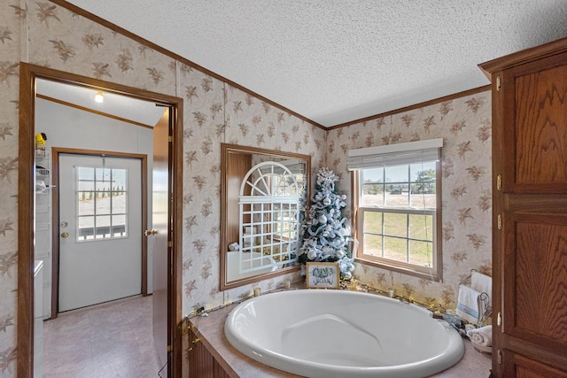 1554 Old Parrotsville Hwy, Parrottsville, TN 37843 - bathroom with ornamental molding, vaulted ceiling, a textured ceiling, and a bath