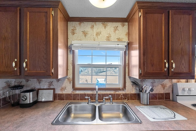 1554 Old Parrotsville Hwy, Parrottsville, TN 37843 - kitchen with a sink, brown cabinetry, crown molding, and wallpapered walls