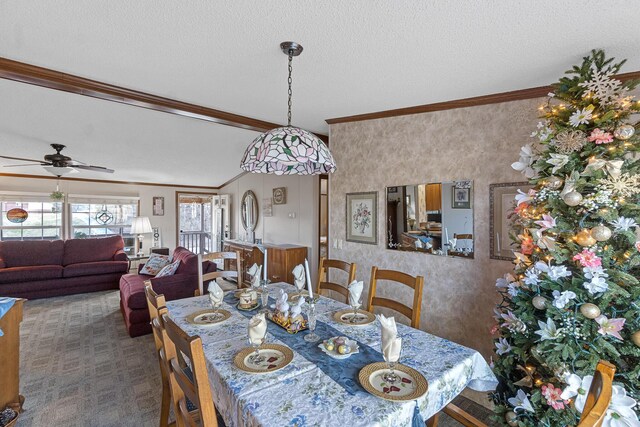 1554 Old Parrotsville Hwy, Parrottsville, TN 37843 - dining space featuring crown molding, a ceiling fan, a textured ceiling, and wallpapered walls