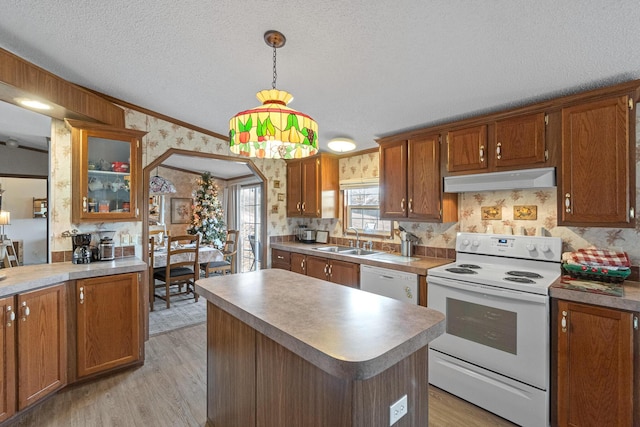 1554 Old Parrotsville Hwy, Parrottsville, TN 37843 - kitchen with white appliances, a sink, wallpapered walls, under cabinet range hood, and light wood-style floors