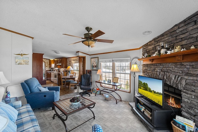 1554 Old Parrotsville Hwy, Parrottsville, TN 37843 - living area with ceiling fan, a textured ceiling, crown molding, and a stone fireplace