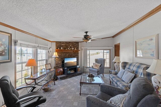 1554 Old Parrotsville Hwy, Parrottsville, TN 37843 - living area with crown molding, ceiling fan, healthy amount of natural light, carpet, and a textured ceiling