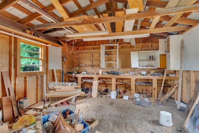 misc room with a workshop area and vaulted ceiling