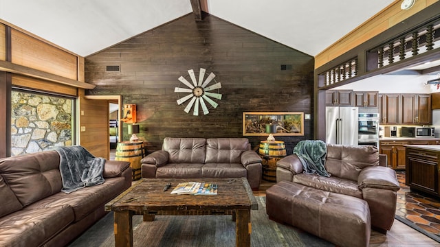 1115 Old Cartertown Rd, Road, Gatlinburg, TN 37738 - living area featuring wooden walls and high vaulted ceiling
