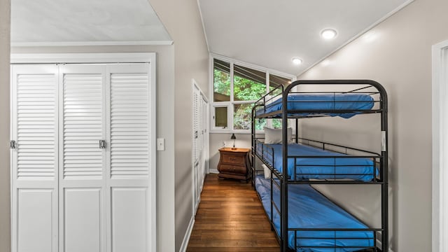 1115 Old Cartertown Rd, Road, Gatlinburg, TN 37738 - unfurnished bedroom with baseboards, dark wood finished floors, crown molding, a closet, and recessed lighting