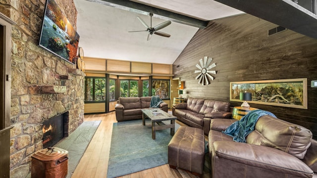 1115 Old Cartertown Rd, Road, Gatlinburg, TN 37738 - living room featuring high vaulted ceiling, wooden walls, ceiling fan, a stone fireplace, and hardwood / wood-style flooring