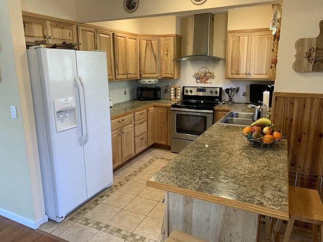 kitchen featuring white refrigerator with ice dispenser, a sink, electric stove, backsplash, and wall chimney exhaust hood