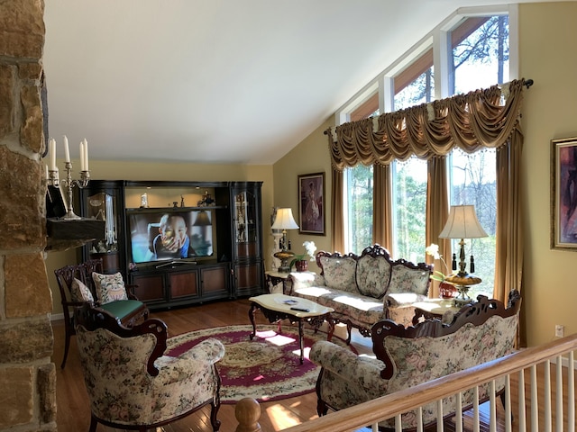 living room with lofted ceiling and wood finished floors